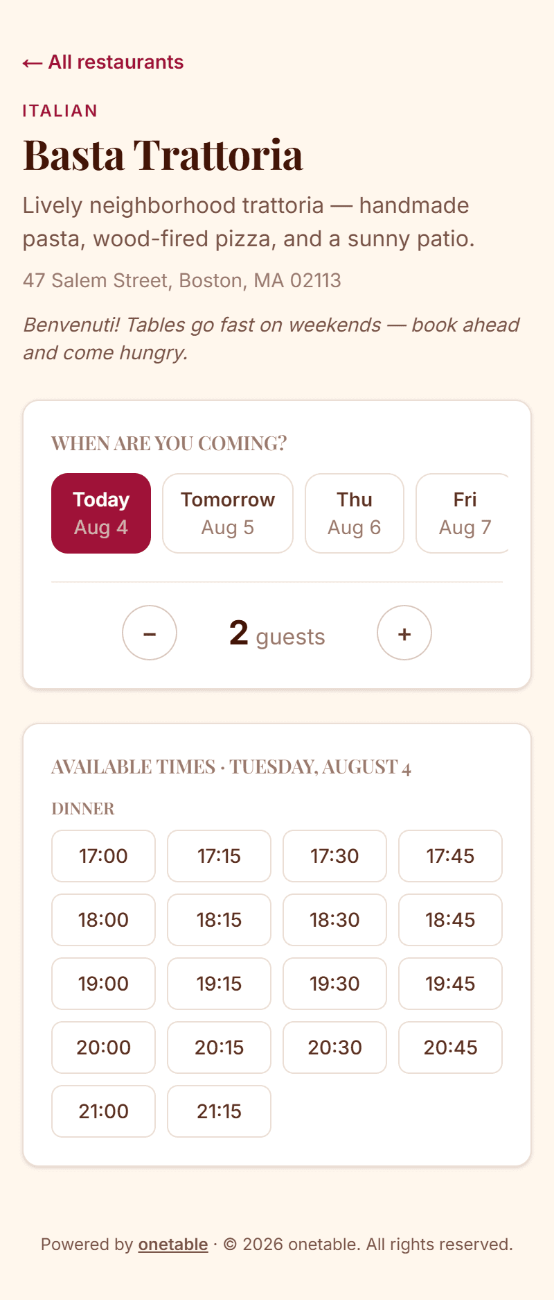 A restaurant's own booking page in its own branding — crimson and cream, a serif wordmark, a date picker and a grid of available dinner times.