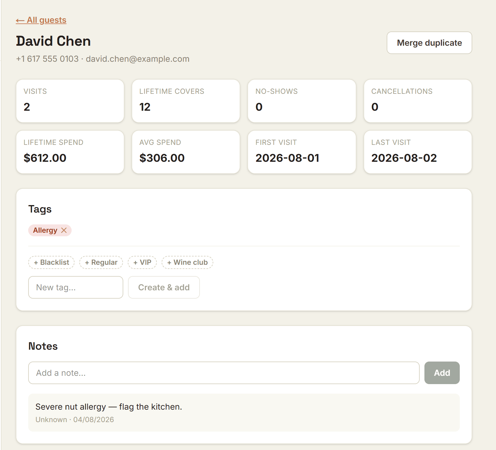 A guest profile showing visits, lifetime covers, no-shows and spend, an allergy tag, a kitchen note and past reservations.
